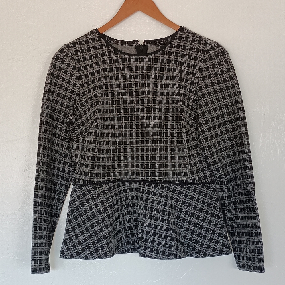 Ann Taylor Plaid Peplum Long-Sleeve Top